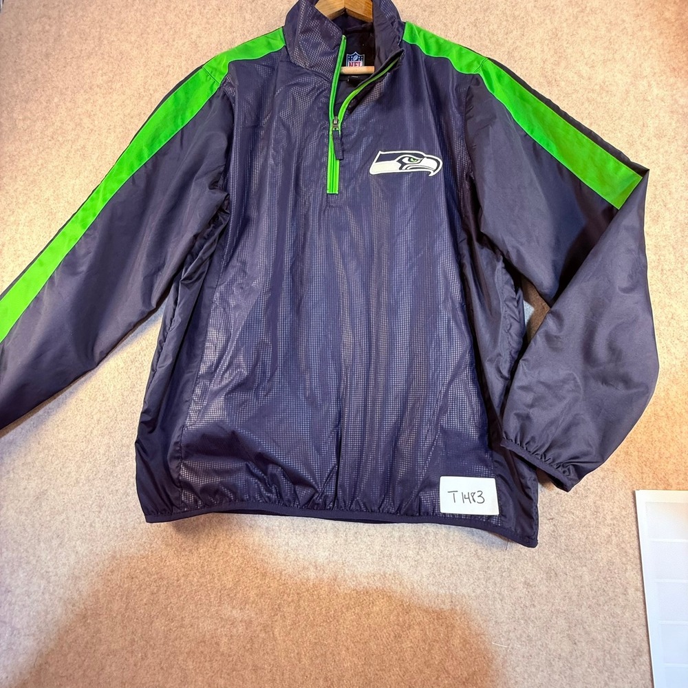 NFL Seattle Seahawks Mens Large Quarter Zip Windbreaker Navy Blue Neon Green